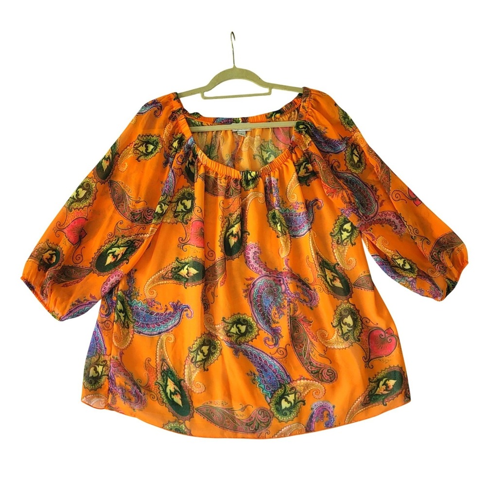 Sweet Pea Orange Paisley Chiffon Blouse XL Stacy Frati Boho Orange Top